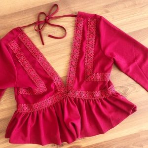 Deep Red Ruffle Hem Blouse